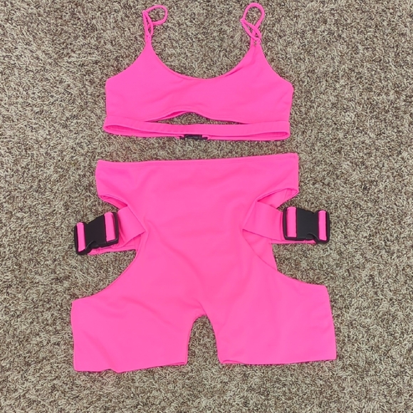Dolls Kill Tops - Lipt vibrant hot pink two piece cut out cropped tank / bralette and shorts set